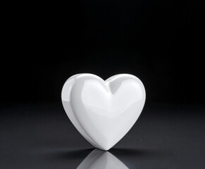 Fototapeta premium A shiny, three-dimensional white heart with a smooth, glossy finish sits on a dark, reflective surface, creating an elegant and modern representation of love, romance, and health.