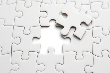 White jigsaw puzzle piece missing concept close up abstract business problem solving
