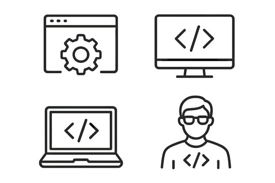 Web development icons: browser, monitor, laptop, male developer