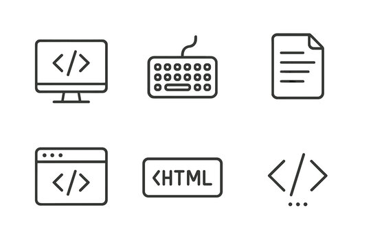 Coding icons: computer, keyboard, html, code editor, file document symbols