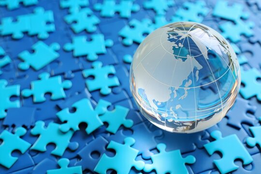 Globalization concept with glass globe and jigsaw puzzle pieces on blue background - Powered by Adobe