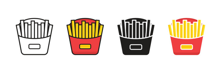French Fries Icon Set: Four Styles, Line Art, Color, Black and White, and Filled Color, Fast Food Graphic Vector.