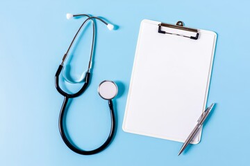 Medical background with stethoscope and clipboard for healthcare and doctor notes