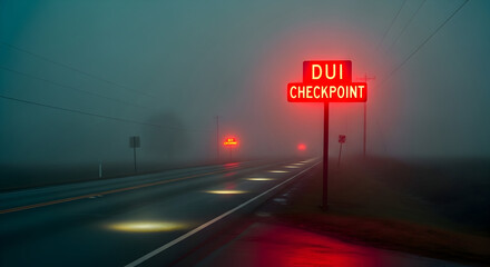 Eerie Dui Checkpoint On Misty Road At Night Caution Concept