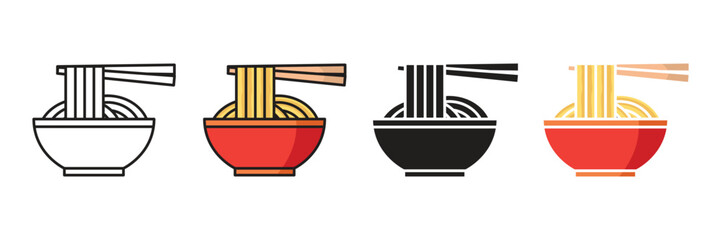 Noodles in Bowls:  Four Style Variations, Line Art and Color, Asian Cuisine Illustration