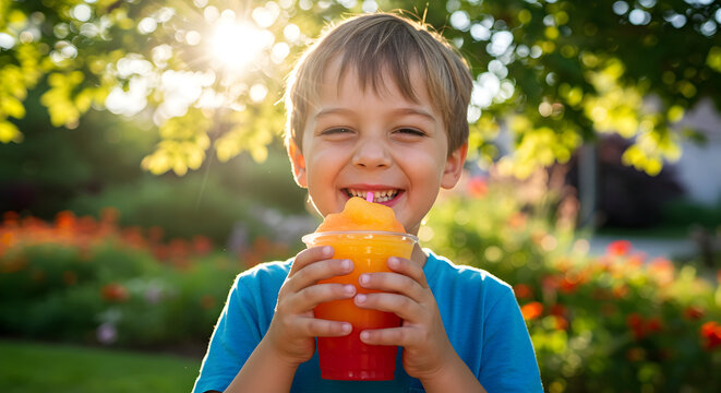 A child drinking from a colorful slushie