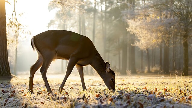 Deer grazing in a frosty forest during a misty sunrise