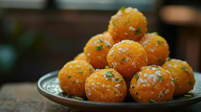 Golden-brown, soft doughnut-shaped foods with a sweet and tangy cheese sauce drizzled on top.