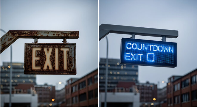 Exit Signs Contrasting Rust And Modern Led Technology Signage