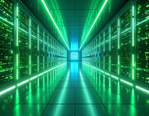 Futuristic server room with glowing green lights