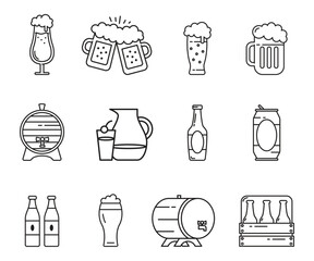 Line Art Beer Icons: Bottles, Glasses, Kegs, and Cans, Brewing and Beverage Graphics.