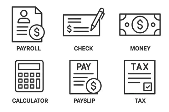 Finance tools: payroll, check, money, calculator, payslip, tax icons