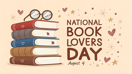 Stack of colorful books with glasses and national book lovers day text