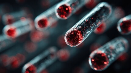 Microscopic View of Cellular Structures with Red Luminescence and Reflections