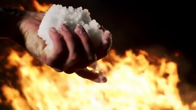 A Hand Holds Snow Over Flames - Opposites Attract