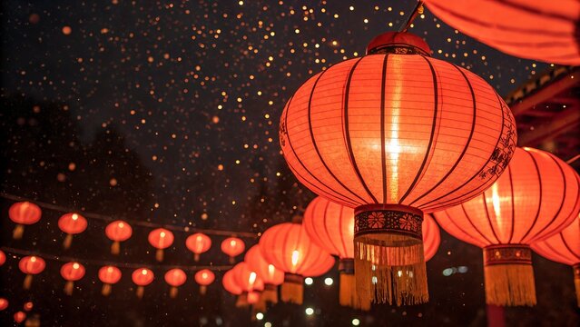 Traditional chinese red lanterns illuminated against a starry night sky - Powered by Adobe