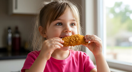 A child excitedly holding a chicken tender