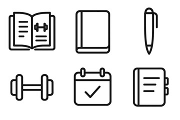Fitness and organization icons featuring dumbbell, calendar, notebook, pen, and exercise book