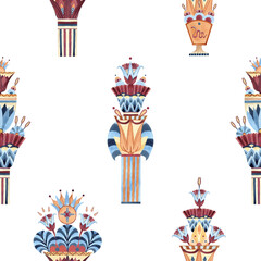 Egyptian ornament ancient column vase sacred lotus seamless pattern. Ethnic tribal symbols. Watercolor colorful illustration isolated from background. For souvenir products, textile, interior decor