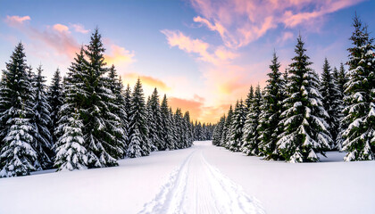 Obraz premium A snow-covered path leads through a majestic winter forest at sunset.