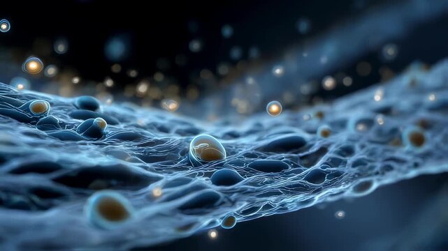 Scientific graphic depicting fluid movement as water arrows penetrate membrane pores highlighting osmotic gradient toward luminous solute particles.