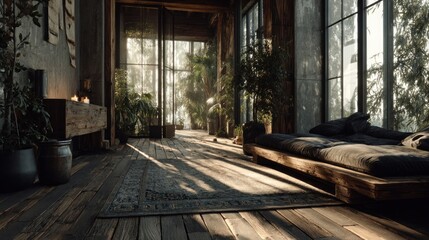 Tranquil wooden interior with natural light and plants evokes rustic charm