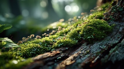 Enchanted moss on old tree bark creating a miniature landscape illusion