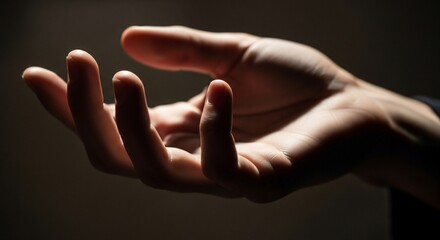 Close-up of a hand reaching out with fingers spread, bathed in dramatic light and shadow.