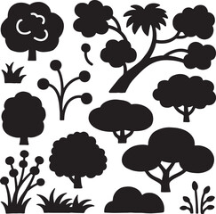  Vector silhouettes of trees bushes various types illustration with white background