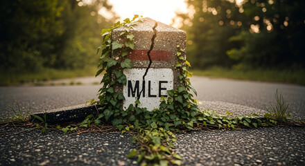 Forgotten Distance Marker On An Overgrown Country Road At Sunset