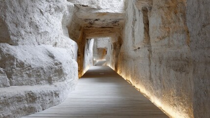 Obraz premium Pathway Through Illuminated Stone Tunnel. Architectural Marvel Showcasing Natural Rock Formations