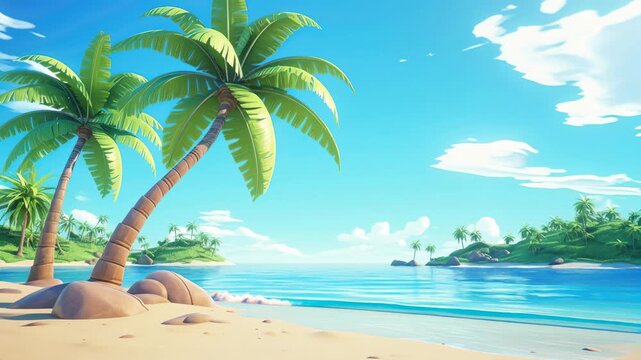 A vibrant, animated beach scene with palm trees, viewed from a low angle. Perfect for a tropical-themed video backdrop or design project. Live desktop wallpaper.