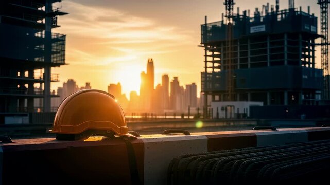 Sunset glow illuminating protective helmet near highrise construction site with urban skyline