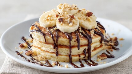 Stack Of Pancakes Topped With Banana Slices, Chocolate Syrup, And Nuts On A White Plate. Delicious Breakfast Or Brunch Treat