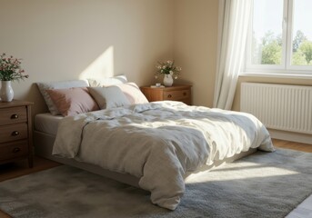 Soft linens and bright sunlight create a dreamy bedroom