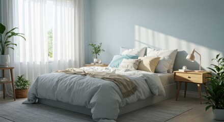 Fototapeta premium Cozy retreat with plush bedding and natural light
