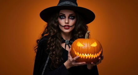 Fototapeta premium Female dressed as witch holding jack-o'-lantern