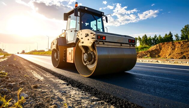 Road roller on fresh asphalt