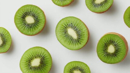 Fototapeta premium Slices Of Fresh Kiwi Fruit On White Background. Vibrant Green Kiwi Slices Showcasing Texture And Freshness
