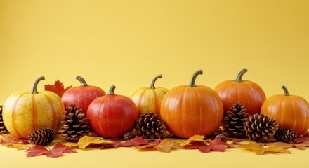 Colorful autumn elements arranged neatly on yellow backdrop
