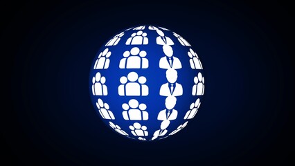 Blue globe with white human icons on dark background