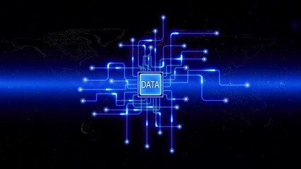 Blue digital network with data center on world map background