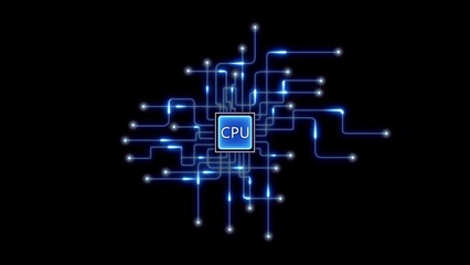Blue glowing C P U circuit board on black background