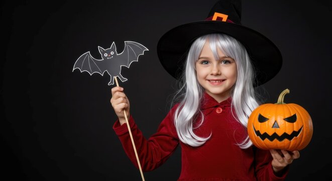 Girl in red witch costume with pointed hat showing Halloween spirit