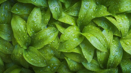Green Leaves With Water Droplets Creating A Fresh, Natural Texture. Nature'S Beauty And Tranquility Captured In Detail