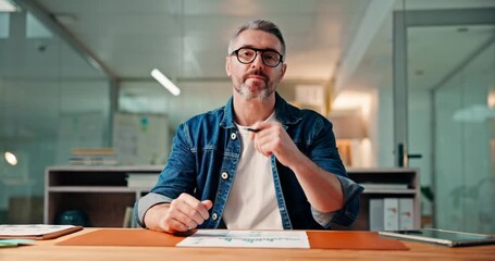 Business man, face and video call with paperwork for data analysis, market trends or stats feedback. Research analyst, mature person and virtual meeting in office for graphs insight, POV and night - Powered by Adobe