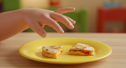 A child's hand reaching for a mini quesadilla