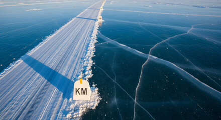 Frozen Kilometer Road On Lake Baikal With Crack And Ice Formation