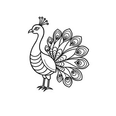 Intricate Black and White Vector Illustration of a Peacock Standing Proud with Fully Fanned Tail Feathers. Each Feather Features Eye-Like Patterns in a Stylized Line Art Design, Highlighting the Bird’