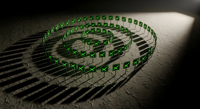 Glowing Symbols Forming A Cybernetic Spiral On An Alien Surface
